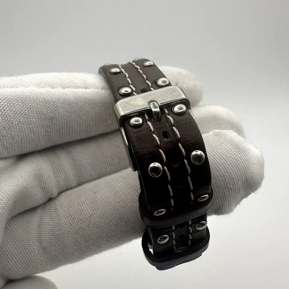 Avenue 9 Quartz Tank Watch Silver Dial Square Case Studded Brown Leather Strap